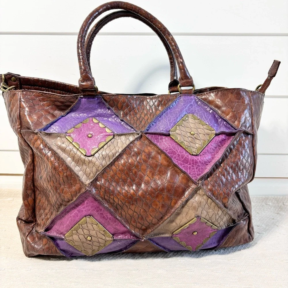 Jessica Simpson Vintage Leather Retro Y2K Brown & Purple Bag, Shoulder Bag - Picture 1 of 16